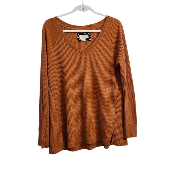 Maeve Anthropologie Top Medium Pearson Pumpkin‎ Orange Waffle Thermal Pullover - Picture 2 of 11